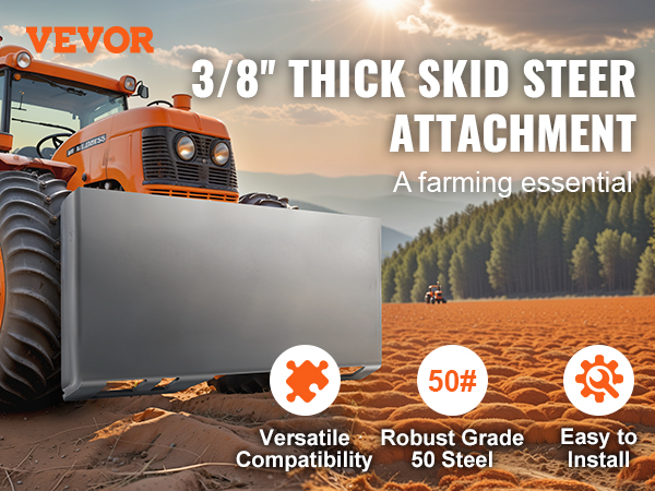 VEVOR skid steer attachment plate on an orange tractor in a farm field with text highlighting features.