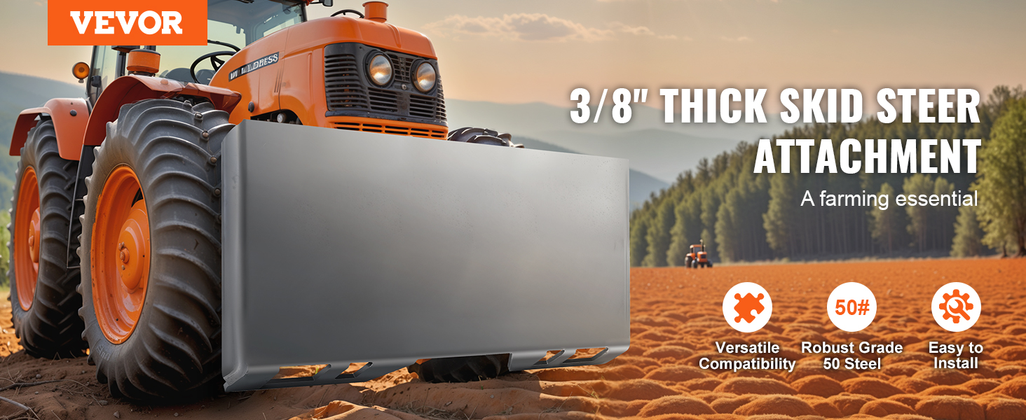 VEVOR skid steer attachment plate on an orange tractor in a farm field with text highlighting features.