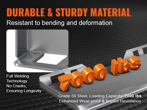 durable VEVOR skid steer attachment plate, 7000 lbs capacity, grade 50 steel, full welding technology.