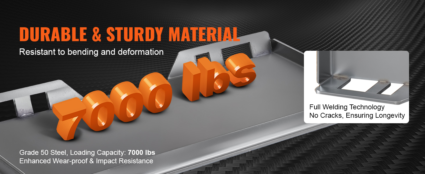 durable VEVOR skid steer attachment plate, 7000 lbs capacity, grade 50 steel, full welding technology.