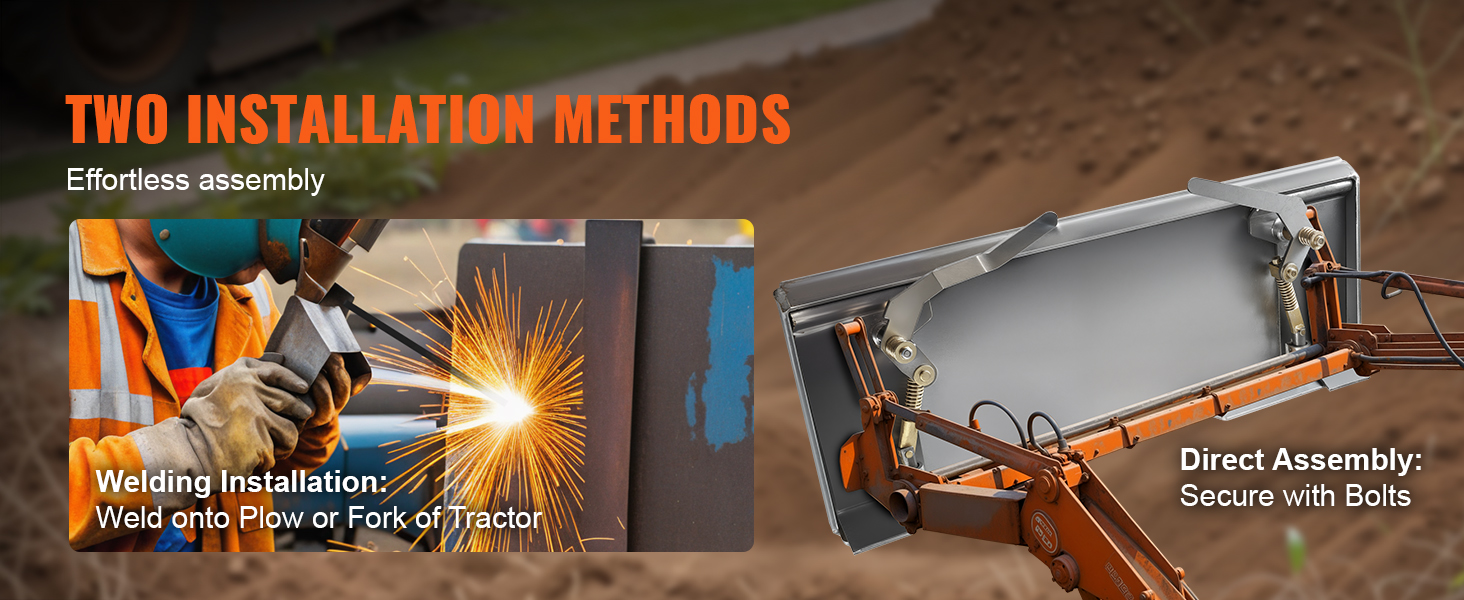 two installation methods for VEVOR skid steer attachment plate: welding or direct assembly with bolts.