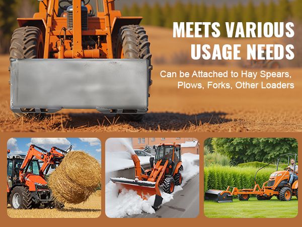 front view of VEVOR skid steer attachment plate on an orange tractor meeting various usage needs.