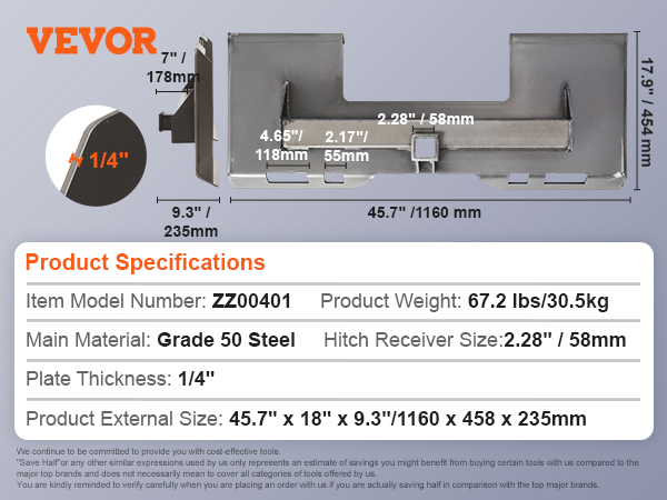 VEVOR skid steer attachment plate specifications with dimensions and material details. grade 50 steel.
