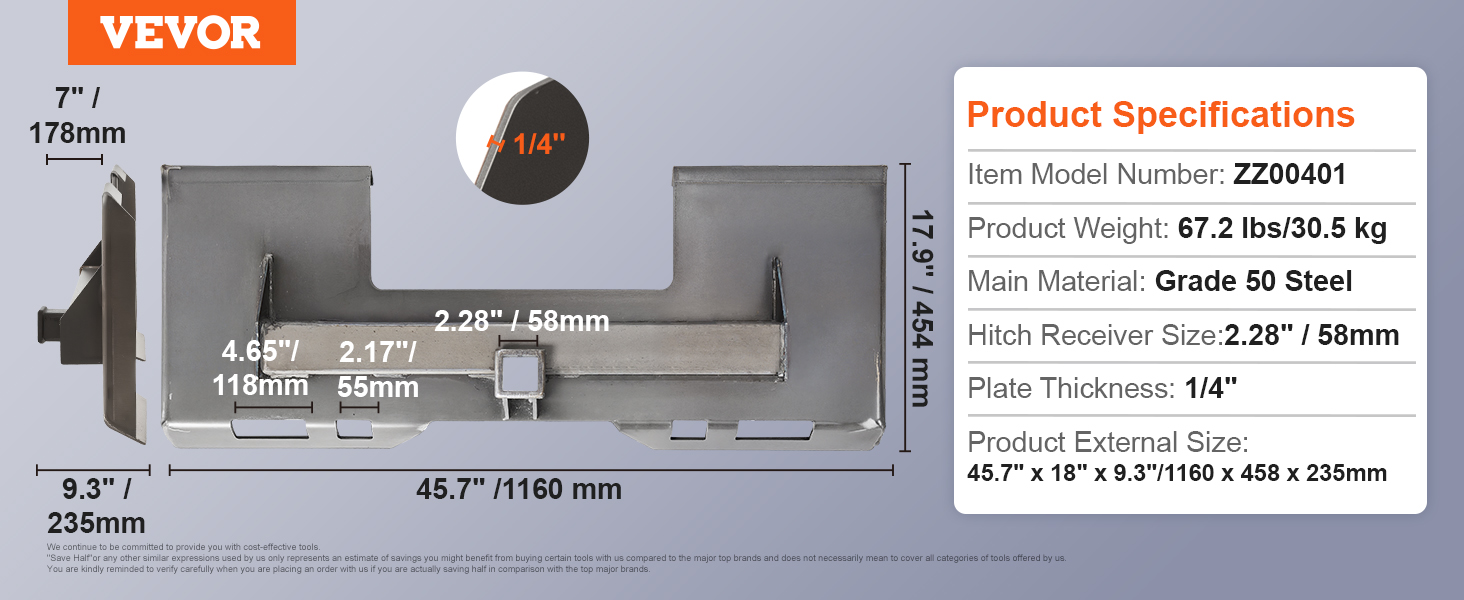 VEVOR skid steer attachment plate specifications with dimensions and material details. grade 50 steel.
