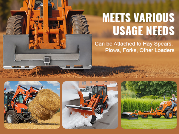 VEVOR skid steer attachment plate on orange tractor, showcasing hay, snow plow, and landscaping tasks.