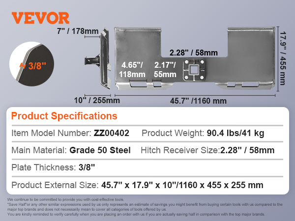 VEVOR skid steer attachment plate dimensions, specifications, and close-up of 3/8" plate thickness.