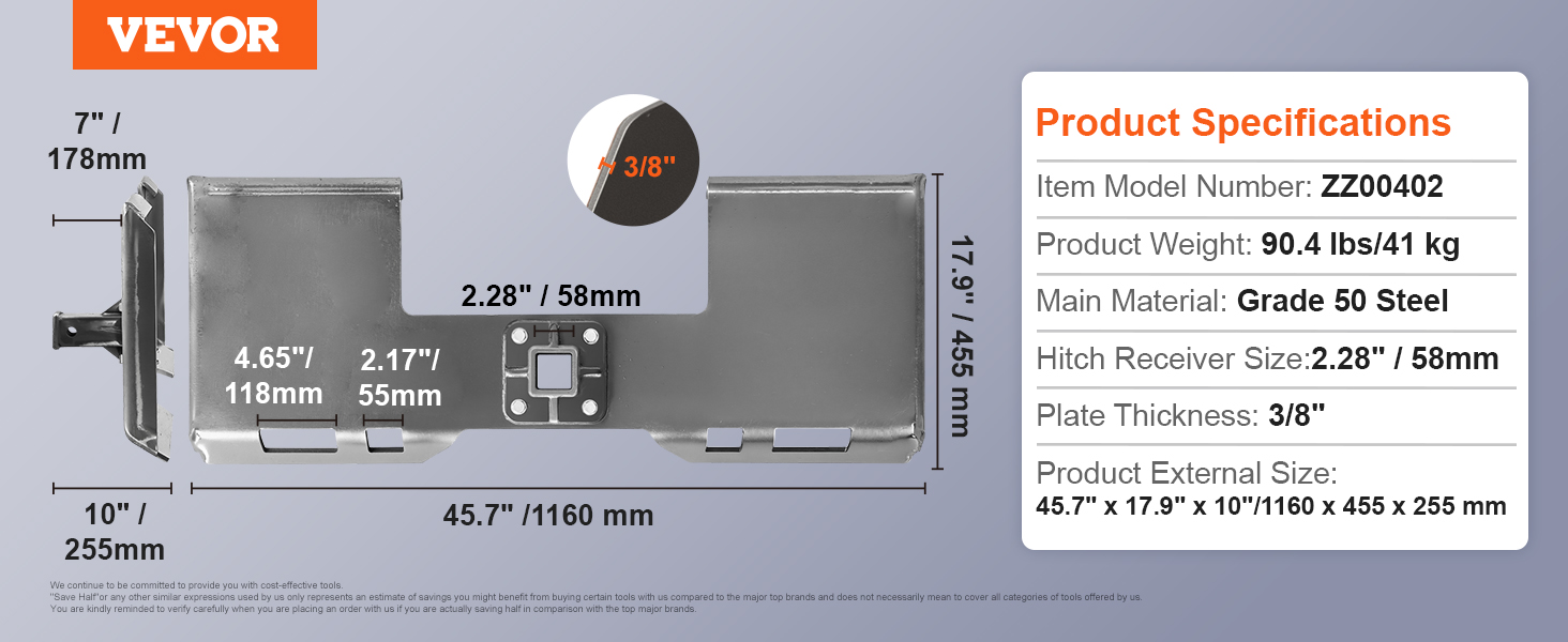 VEVOR skid steer attachment plate dimensions, specifications, and close-up of 3/8" plate thickness.