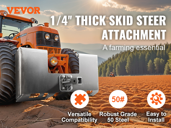 VEVOR skid steer attachment plate on an orange tractor in a field with trees and mountains in the background.