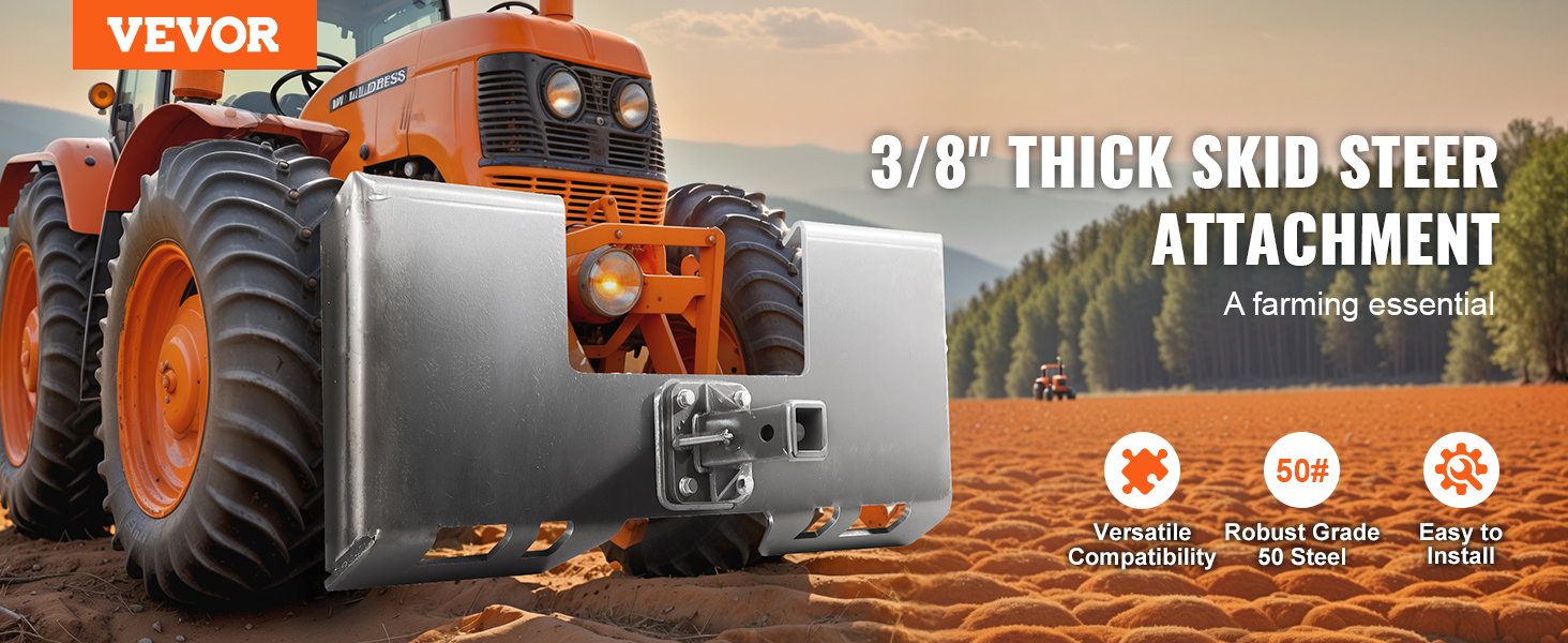 VEVOR skid steer attachment plate on an orange tractor in a field with trees and mountains in the background.