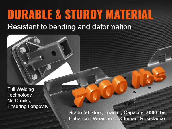 durable VEVOR skid steer attachment plate resists bending, supports 7000 lbs, made of grade 50 steel.