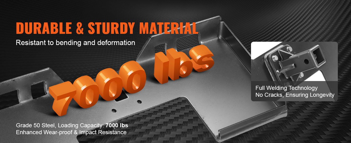 durable VEVOR skid steer attachment plate resists bending, supports 7000 lbs, made of grade 50 steel.