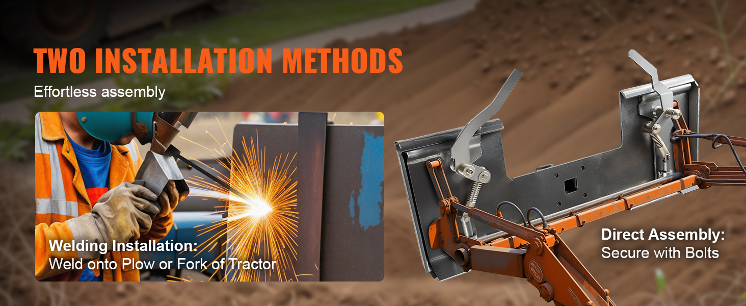 two installation methods for the VEVOR skid steer attachment plate: welding or direct assembly with bolts.