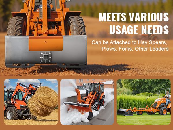 orange tractor with VEVOR skid steer attachment plate, shown with hay spear, snow plow, and lawn care tools.