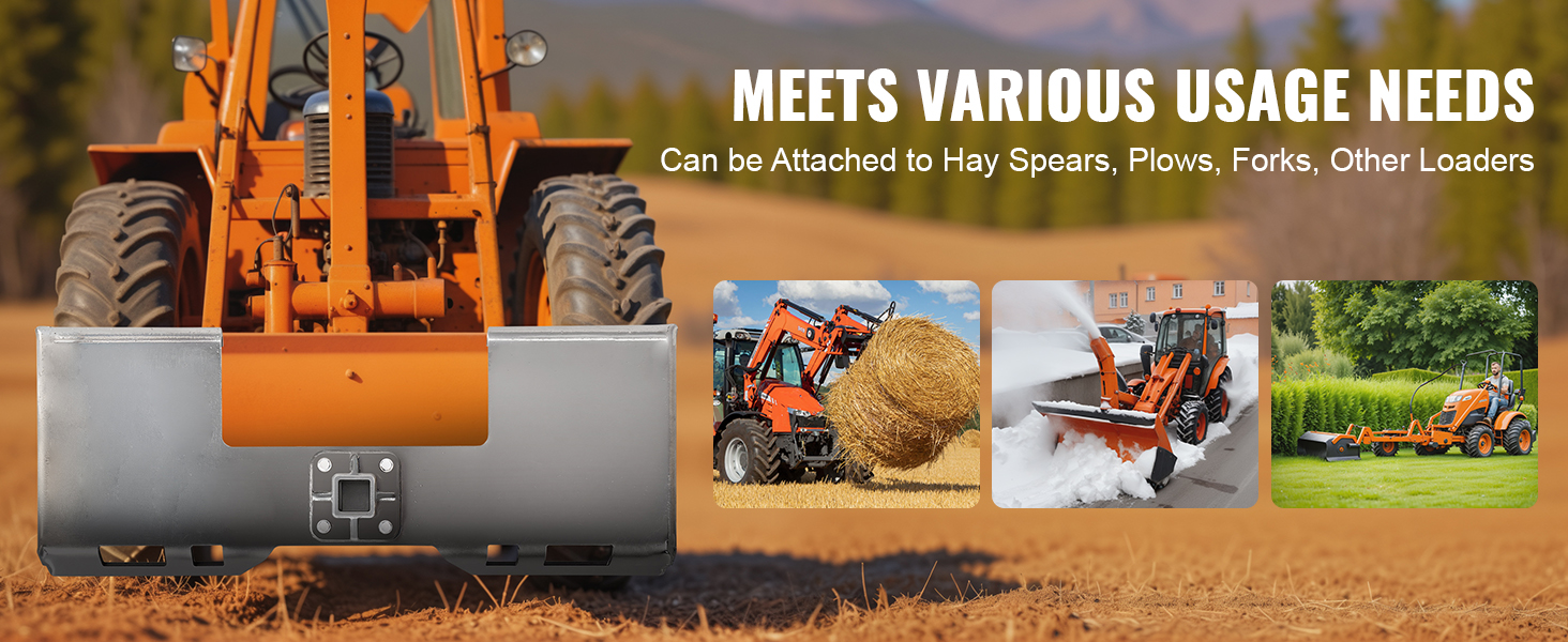 orange tractor with VEVOR skid steer attachment plate, shown with hay spear, snow plow, and lawn care tools.