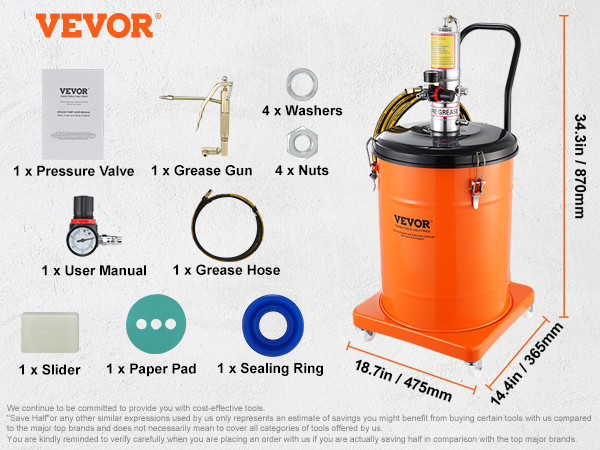 VEVOR pneumatic grease pump kit with a 10.5 gal barrel, pressure valve, grease gun, and accessories.