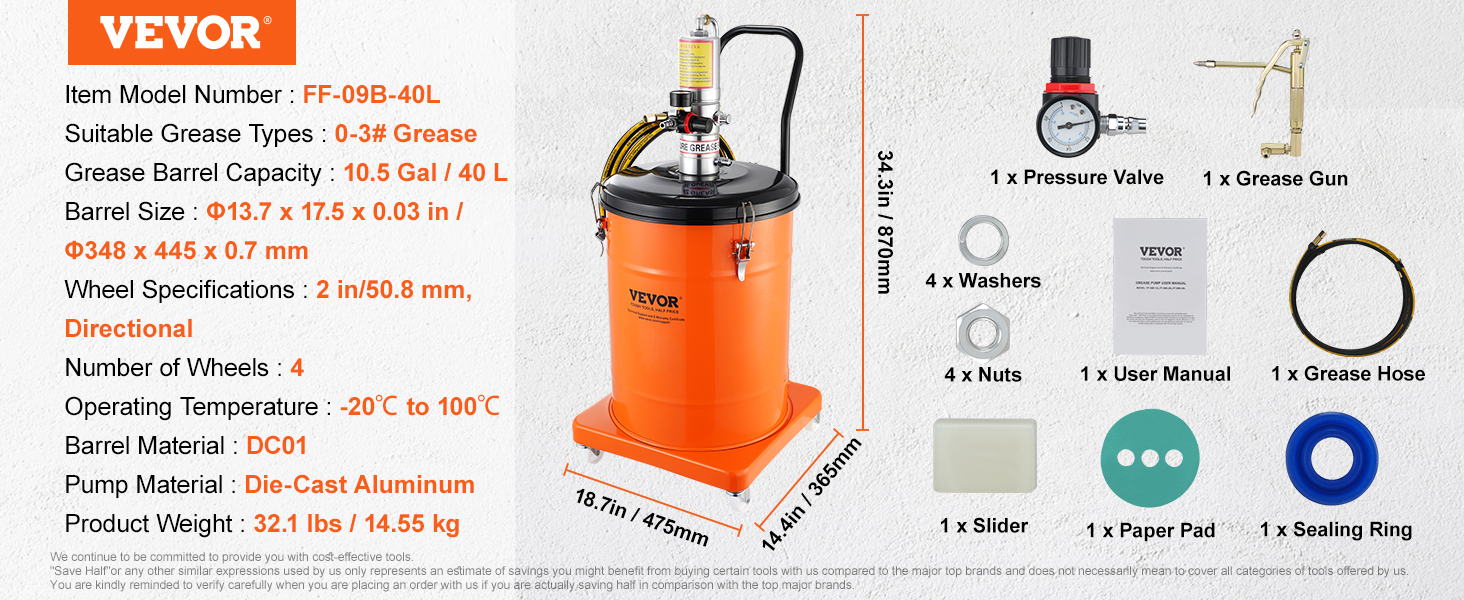 VEVOR pneumatic grease pump kit with a 10.5 gal barrel, pressure valve, grease gun, and accessories.