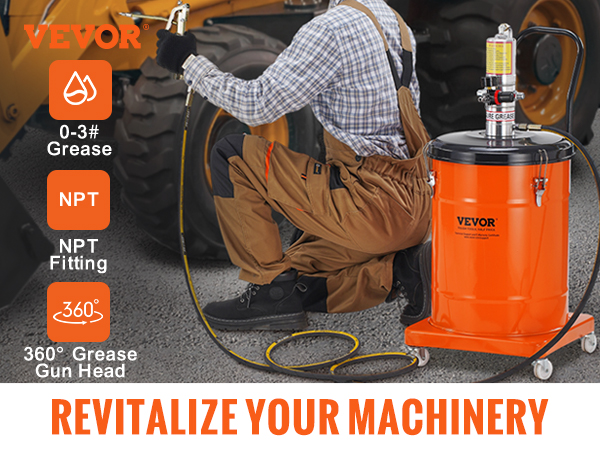 mechanic using VEVOR pneumatic grease pump to lubricate machinery with 360-degree grease gun head.