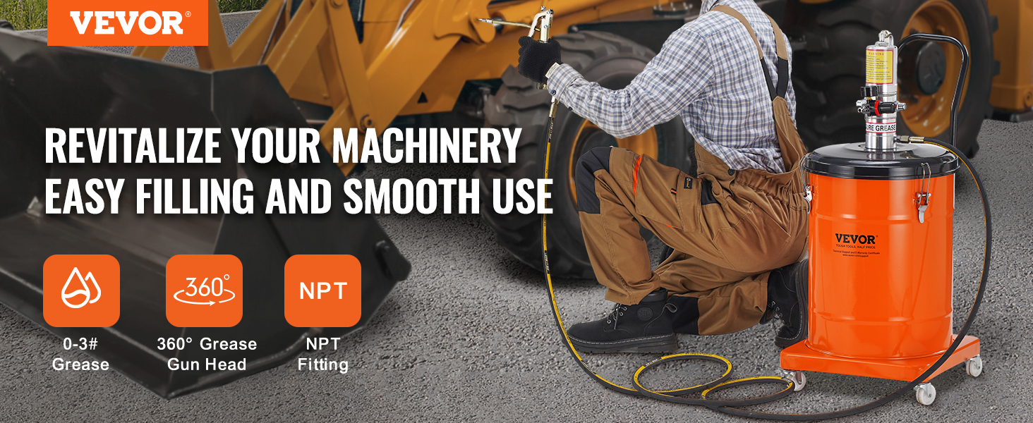 mechanic using VEVOR pneumatic grease pump to lubricate machinery with 360-degree grease gun head.