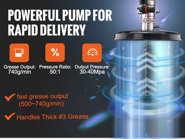 powerful VEVOR pneumatic grease pump: 740g/min output, 50:1 pressure ratio, 30-40 mpa pressure.