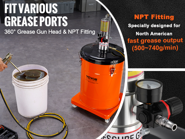 VEVOR pneumatic grease pump with 360° grease gun head and npt fitting, fast output (500-740g/min).