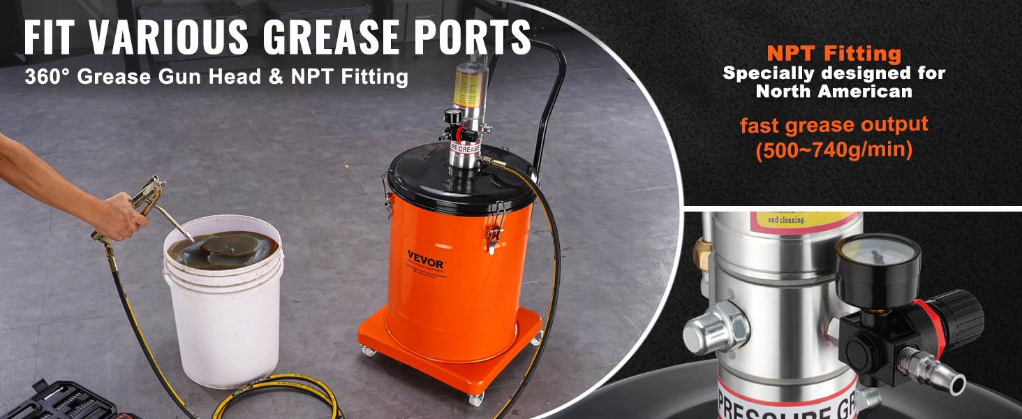 VEVOR pneumatic grease pump with 360° grease gun head and npt fitting, fast output (500-740g/min).