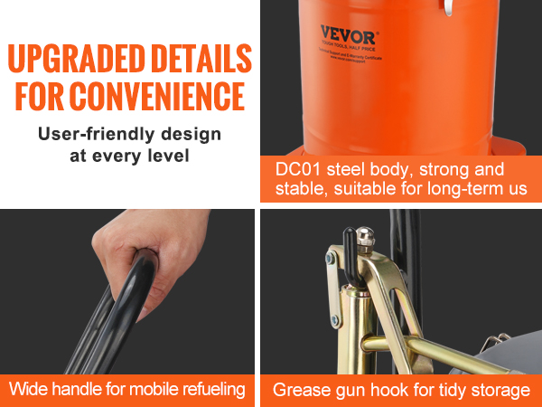 VEVOR pneumatic grease pump with wide handle, dc01 steel body, and grease gun hook for storage.