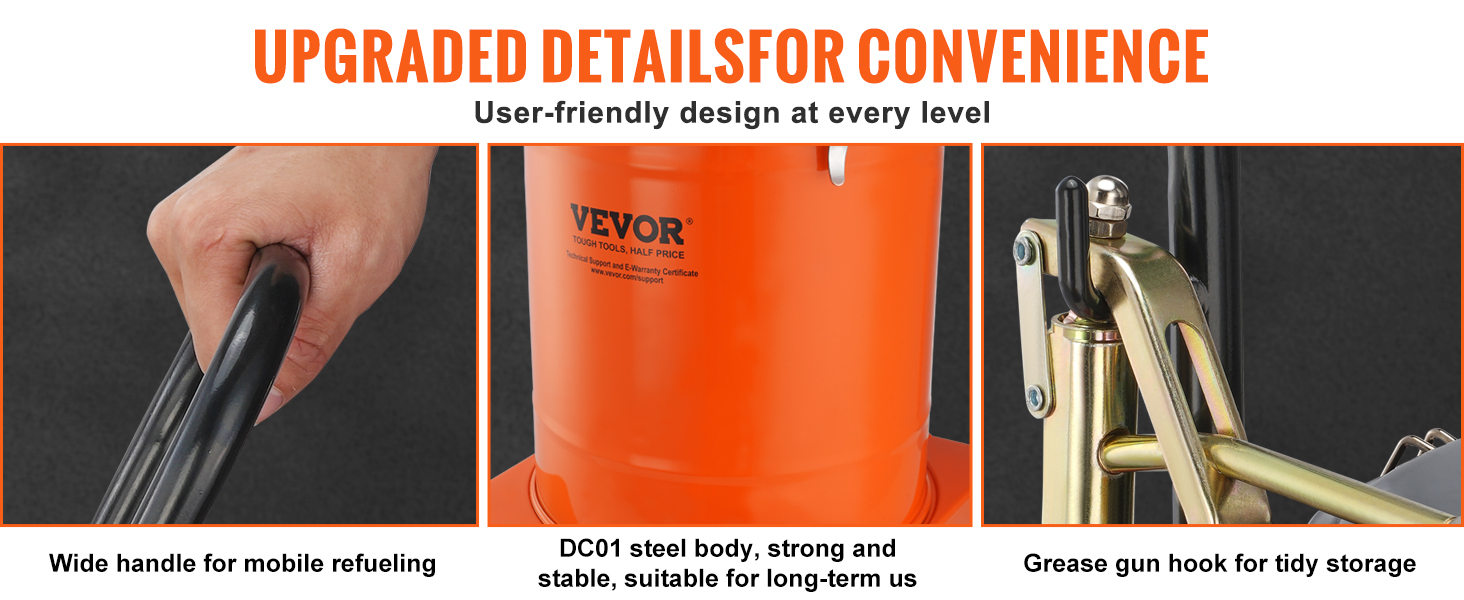 VEVOR pneumatic grease pump with wide handle, dc01 steel body, and grease gun hook for storage.
