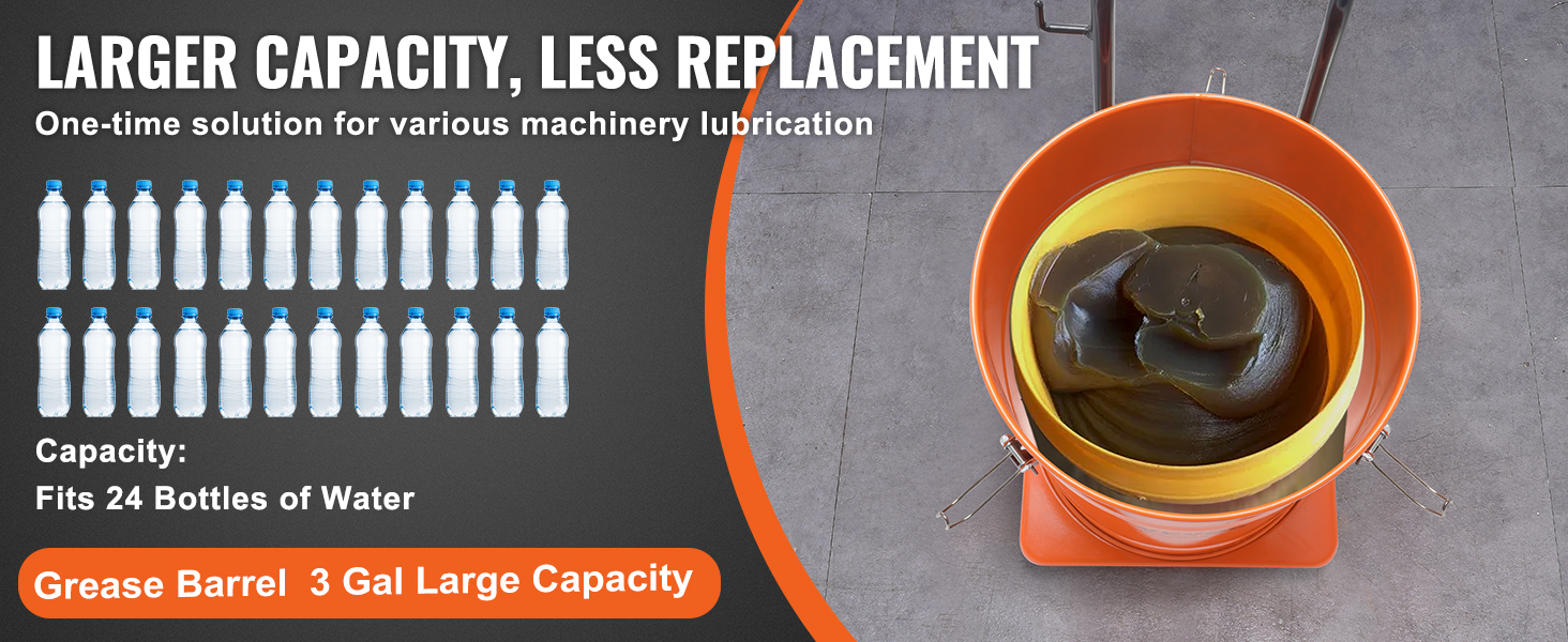 VEVOR pneumatic grease pump with 3 gal capacity, fits 24 water bottles, ideal for machinery lubrication.