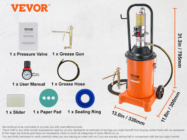 VEVOR grease pump with 12l barrel, pressure valve, grease gun, hose, and accessories details.