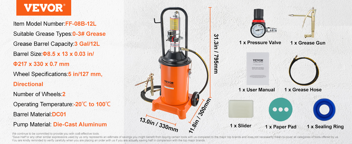VEVOR grease pump with 12l barrel, pressure valve, grease gun, hose, and accessories details.