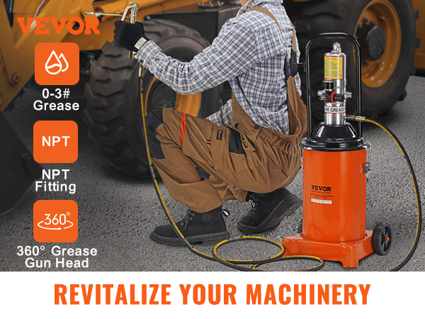 VEVOR grease pump in use for easy machinery maintenance, highlighting 360° grease gun head and npt fitting.