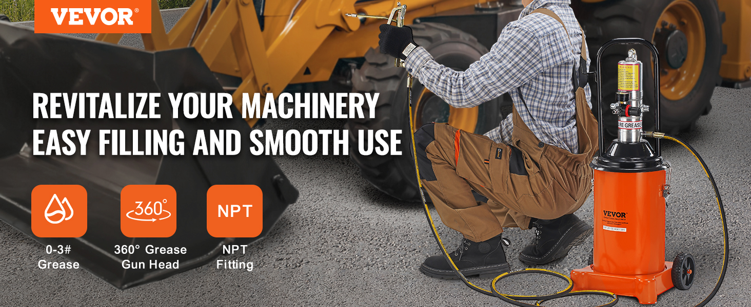 VEVOR grease pump in use for easy machinery maintenance, highlighting 360° grease gun head and npt fitting.