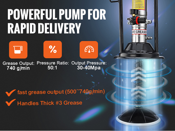 powerful VEVOR grease pump with 740 g/min output, 50:1 pressure ratio, and 30-40mpa pressure.