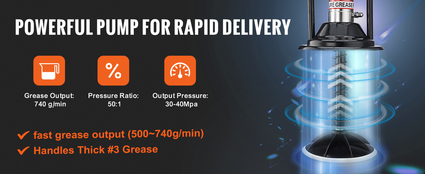 powerful VEVOR grease pump with 740 g/min output, 50:1 pressure ratio, and 30-40mpa pressure.