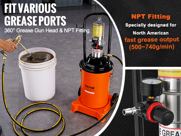 VEVOR grease pump with 360° grease gun head and npt fitting, delivering fast grease output.