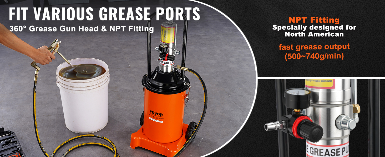 VEVOR grease pump with 360° grease gun head and npt fitting, delivering fast grease output.