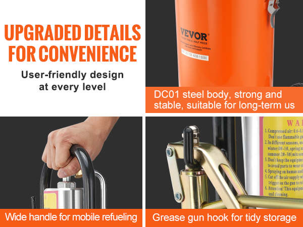 VEVOR grease pump details: mobile refueling handle, durable dc01 steel body, and hook for tidy storage.