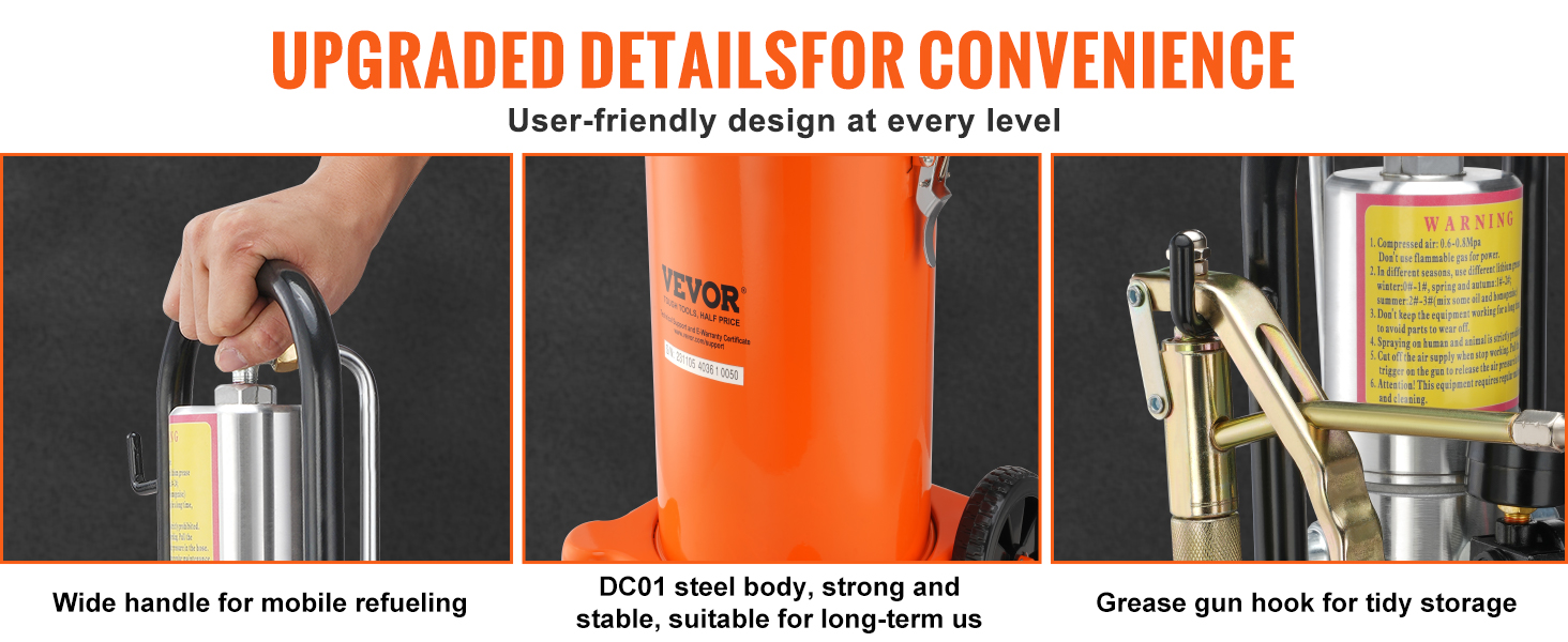 VEVOR grease pump details: mobile refueling handle, durable dc01 steel body, and hook for tidy storage.