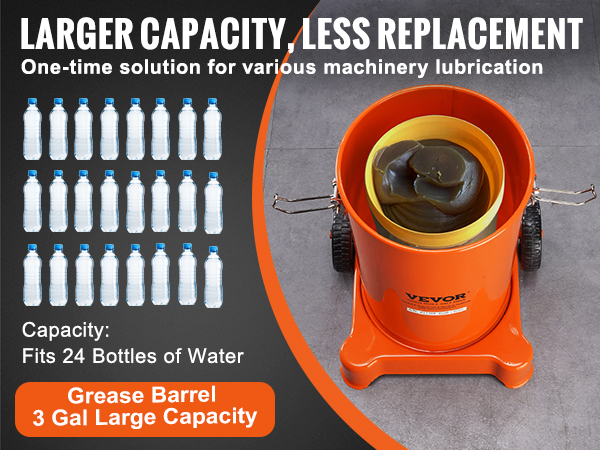 VEVOR grease pump with large capacity grease barrel, fitting 24 bottles of water for machinery lubrication.