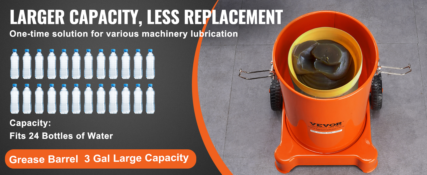 VEVOR grease pump with large capacity grease barrel, fitting 24 bottles of water for machinery lubrication.