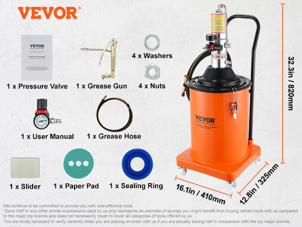 VEVOR grease pump ff-08b-20l with 4 wheels, pressure valve, grease gun, and included accessories.