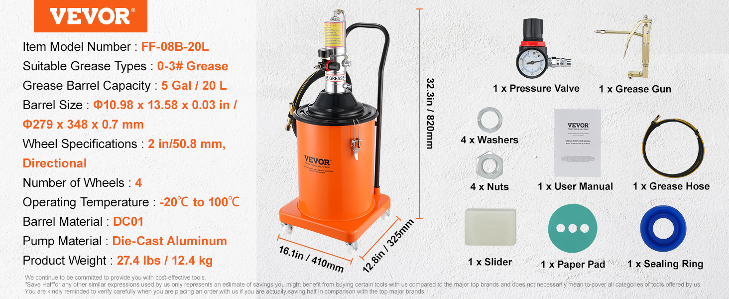 VEVOR grease pump ff-08b-20l with 4 wheels, pressure valve, grease gun, and included accessories.