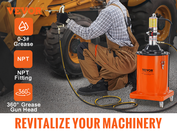VEVOR grease pump in use, revitalizing machinery with easy filling, 0-3# grease, 360° gun head, npt fitting.
