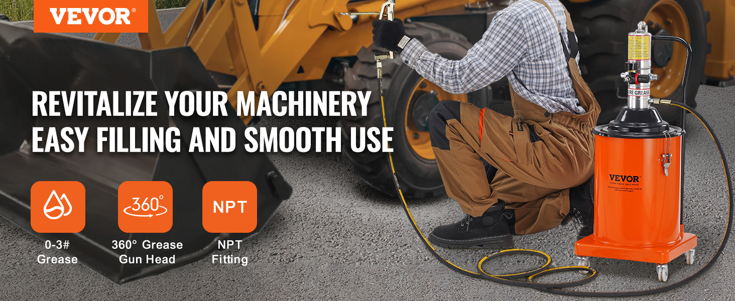 VEVOR grease pump in use, revitalizing machinery with easy filling, 0-3# grease, 360° gun head, npt fitting.