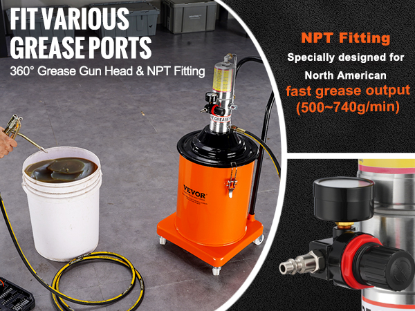 VEVOR grease pump with 360° grease gun head and npt fitting for fast grease output.