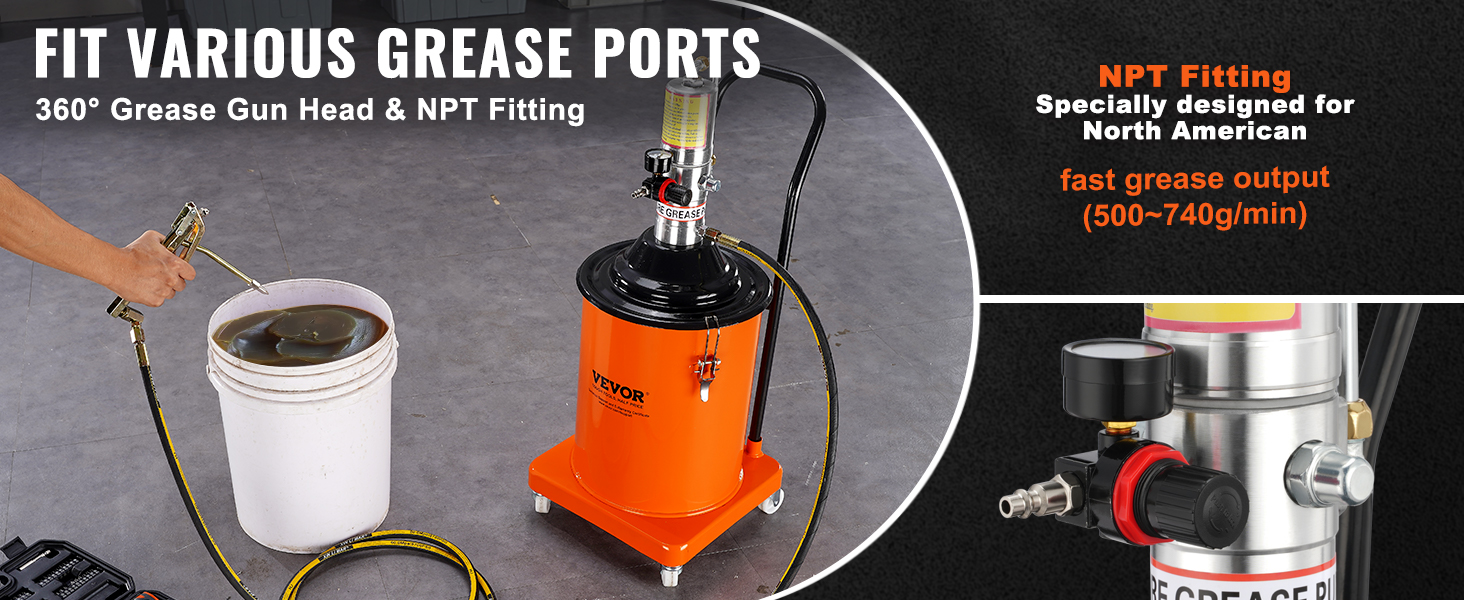 VEVOR grease pump with 360° grease gun head and npt fitting for fast grease output.