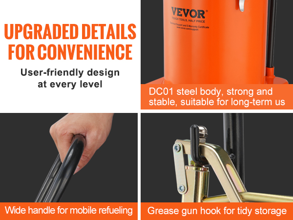 VEVOR grease pump with wide handle, strong steel body, and grease gun hook for convenient use and storage.