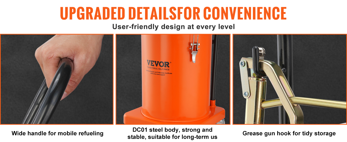 VEVOR grease pump with wide handle, strong steel body, and grease gun hook for convenient use and storage.
