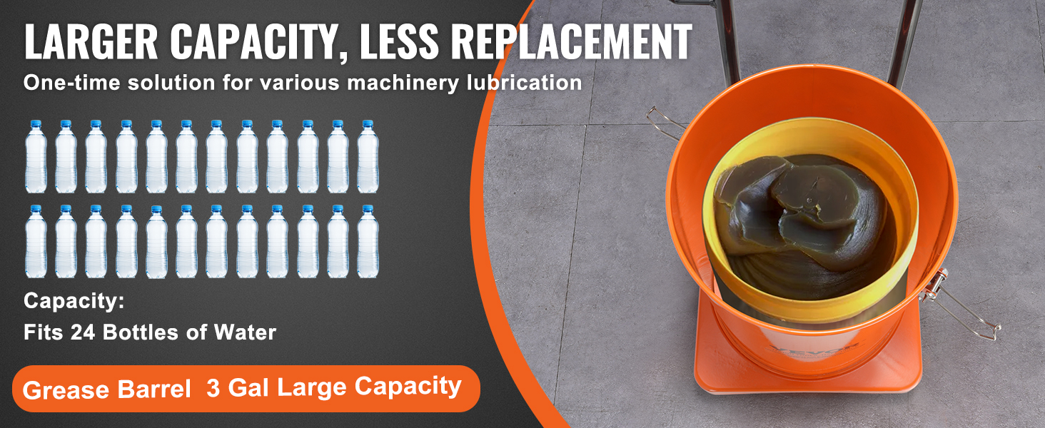 VEVOR grease pump with larger 3-gallon capacity, fits 24 water bottles, ideal for machinery lubrication.