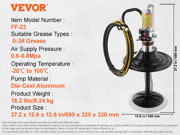 VEVOR grease pump ff-23 with accessories: pressure valve, grease gun, hose, clamps, and user manual.